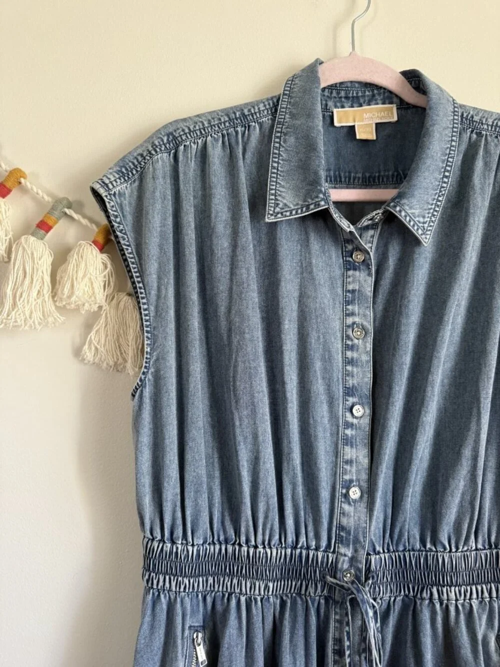Michael Kors Denim Button Front Cap Sleeve Midi Shirt Dress Minimalist Modest XL